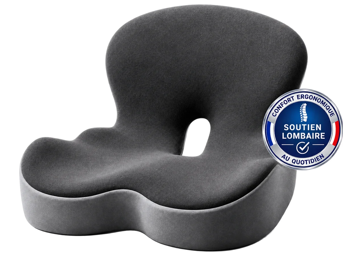 Coussin d'assise ergonomique ErgoPad gris avec dossier lombaire et ouverture coccyx
